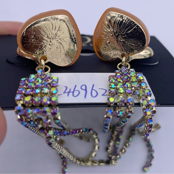 NOIR long tassel rhinestone heart shaped drop dangle earrings- New - Picture 9 of 10